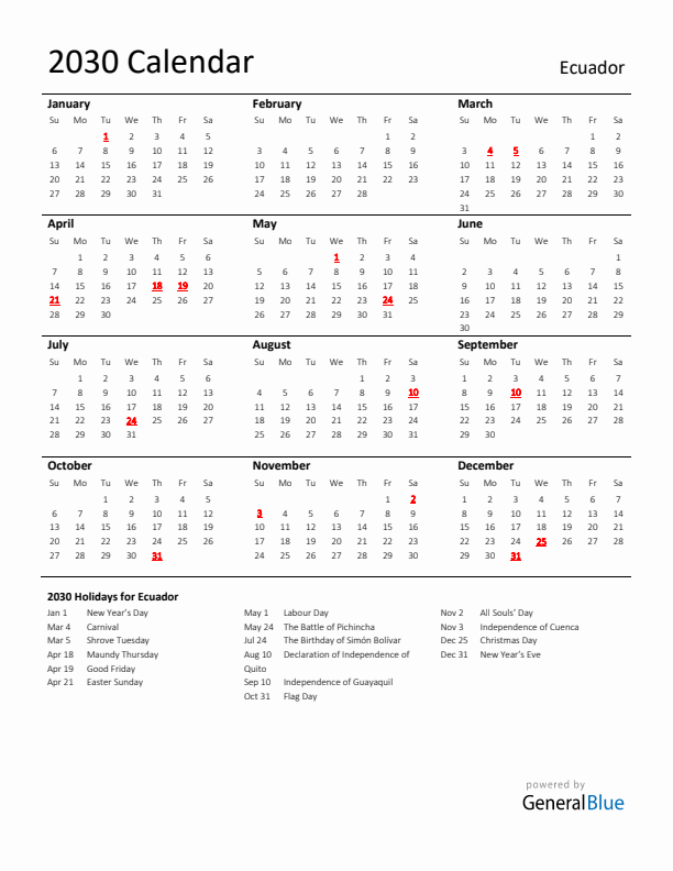 Standard Holiday Calendar for 2030 with Ecuador Holidays