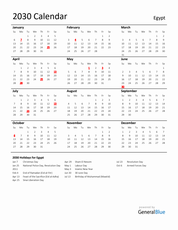 Standard Holiday Calendar for 2030 with Egypt Holidays 