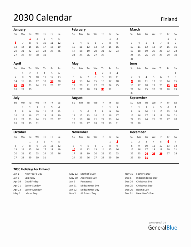 Standard Holiday Calendar for 2030 with Finland Holidays