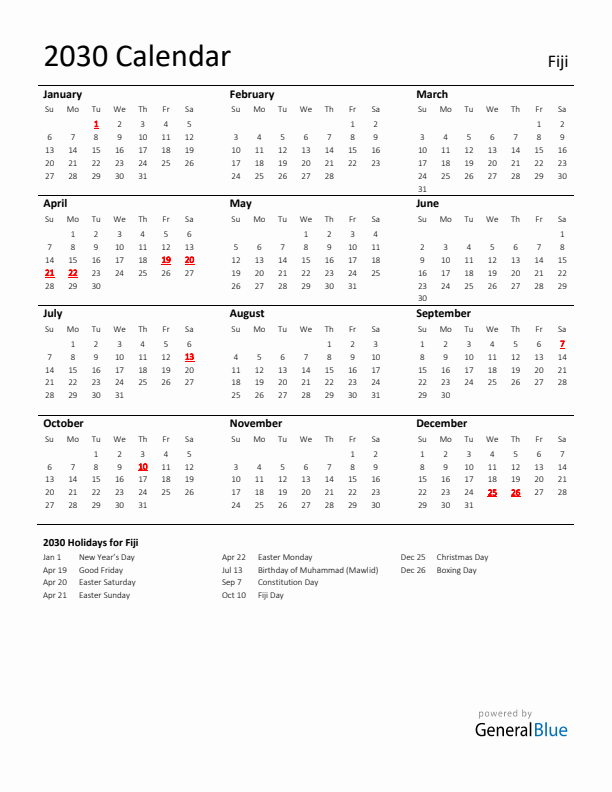 Standard Holiday Calendar for 2030 with Fiji Holidays 