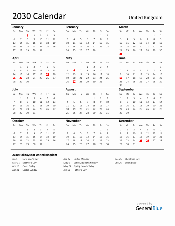 Standard Holiday Calendar for 2030 with United Kingdom Holidays
