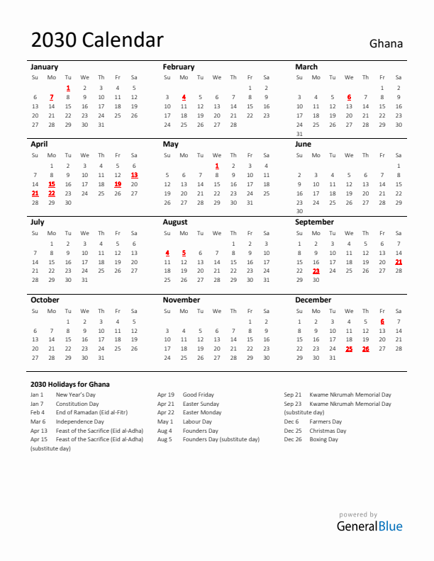 Standard Holiday Calendar for 2030 with Ghana Holidays 