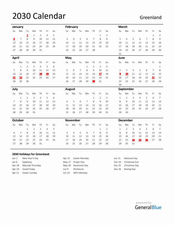 Standard Holiday Calendar for 2030 with Greenland Holidays