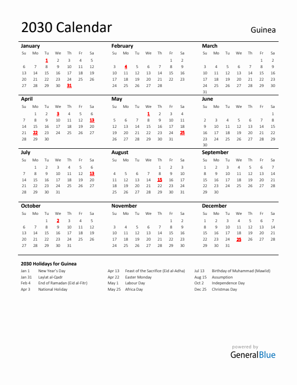 Standard Holiday Calendar for 2030 with Guinea Holidays 