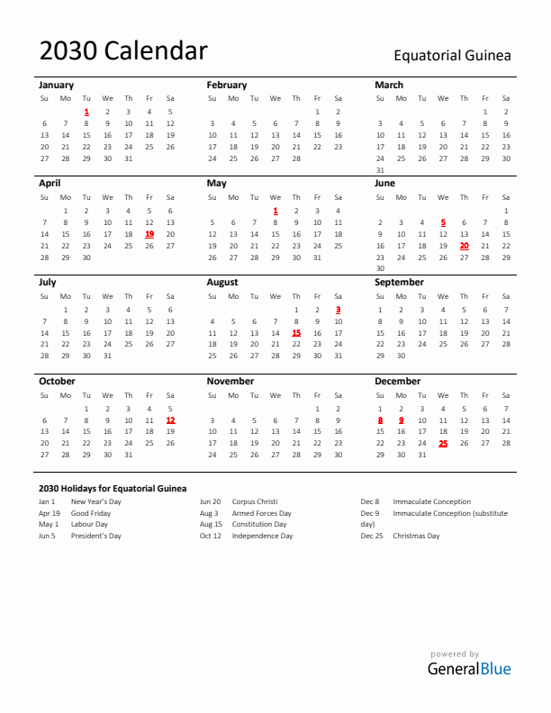 Standard Holiday Calendar for 2030 with Equatorial Guinea Holidays