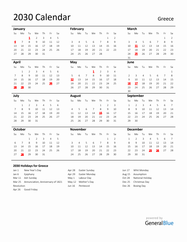 Standard Holiday Calendar for 2030 with Greece Holidays