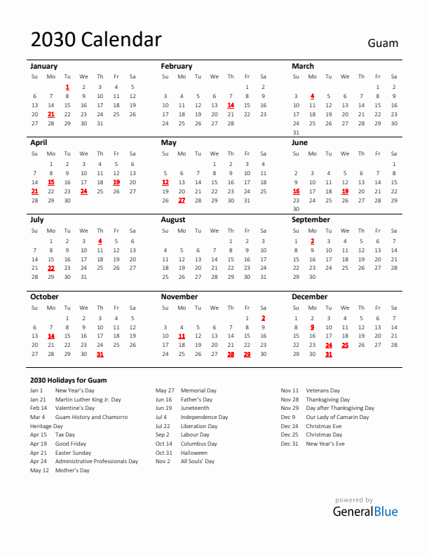 Standard Holiday Calendar for 2030 with Guam Holidays