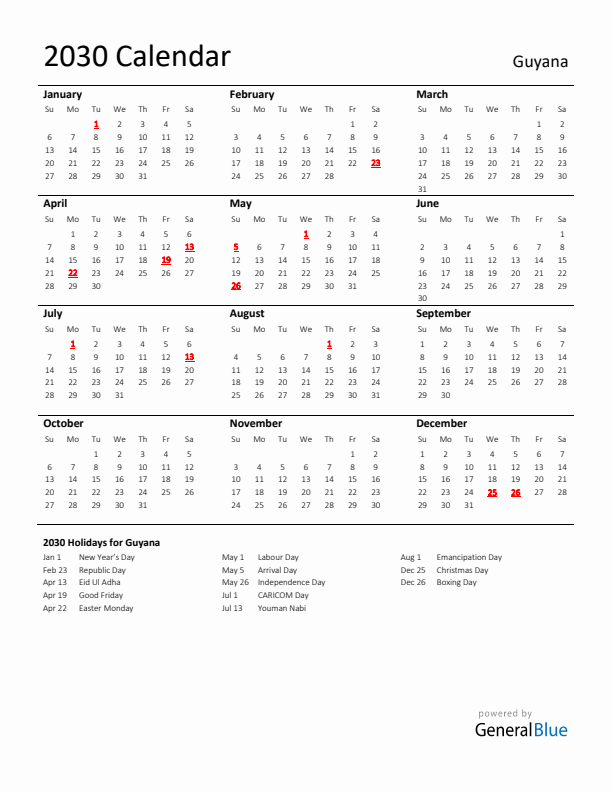 Standard Holiday Calendar for 2030 with Guyana Holidays