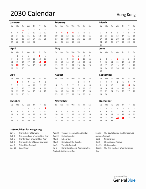 Standard Holiday Calendar for 2030 with Hong Kong Holidays 