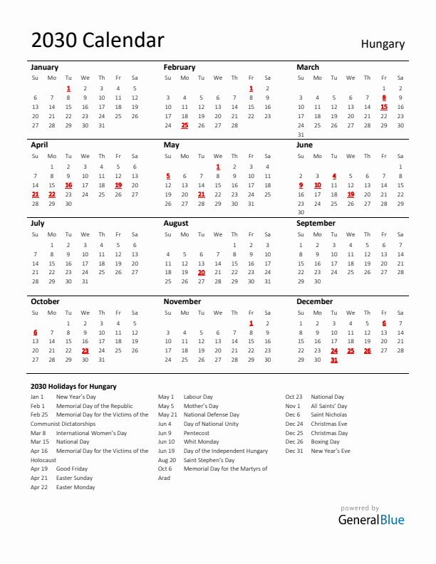 Standard Holiday Calendar for 2030 with Hungary Holidays