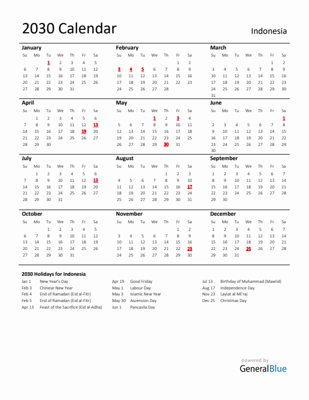Standard Holiday Calendar for 2030 with Indonesia Holidays 