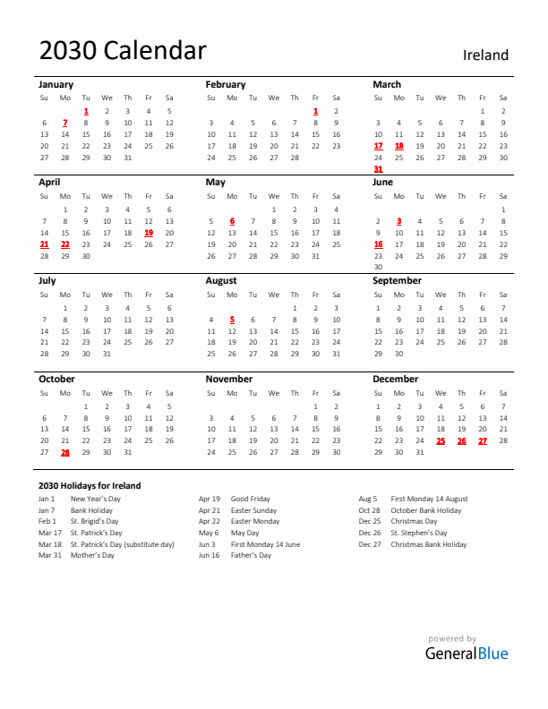 Standard Holiday Calendar for 2030 with Ireland Holidays