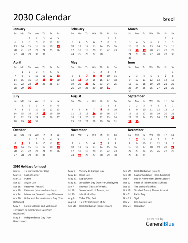 Standard Holiday Calendar for 2030 with Israel Holidays 