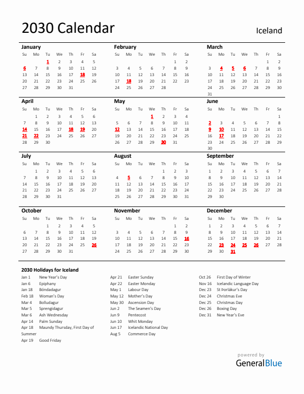 Standard Holiday Calendar for 2030 with Iceland Holidays