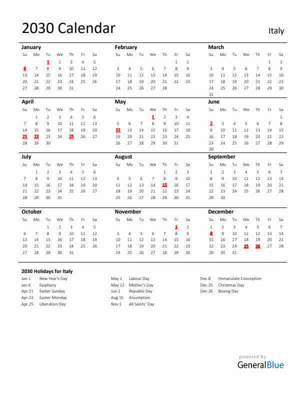 Standard Holiday Calendar for 2030 with Italy Holidays