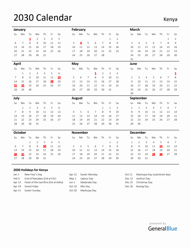 Standard Holiday Calendar for 2030 with Kenya Holidays