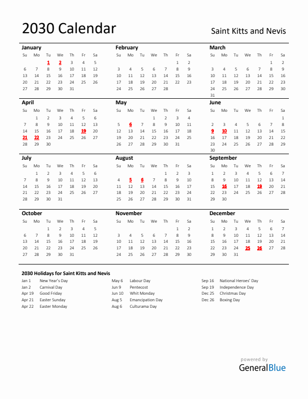 Standard Holiday Calendar for 2030 with Saint Kitts and Nevis Holidays 