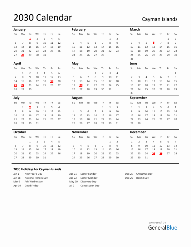 Standard Holiday Calendar for 2030 with Cayman Islands Holidays 