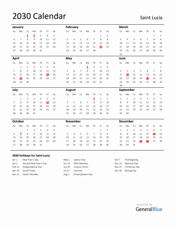 Standard Holiday Calendar for 2030 with Saint Lucia Holidays 