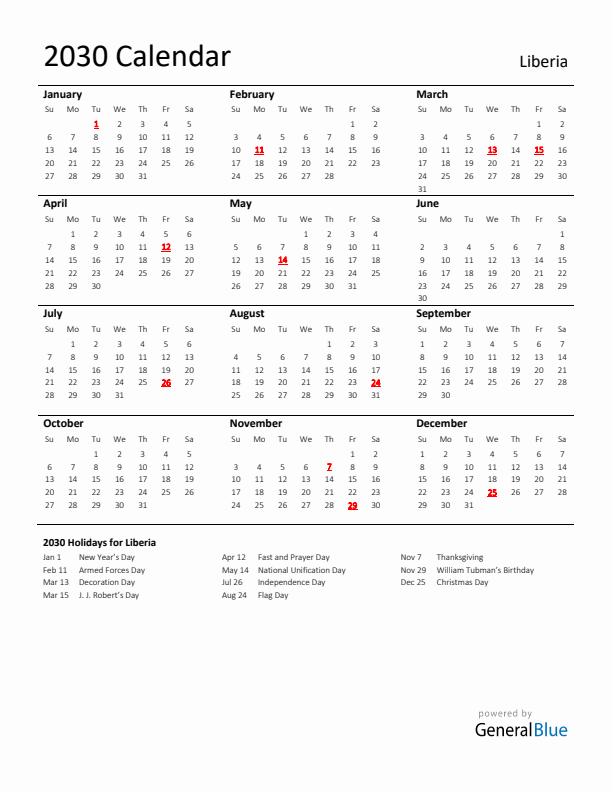 Standard Holiday Calendar for 2030 with Liberia Holidays 