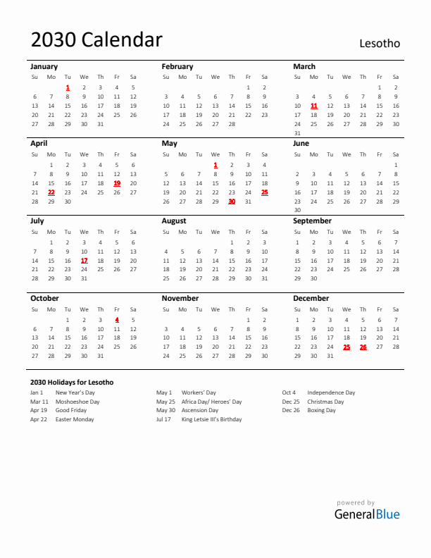 Standard Holiday Calendar for 2030 with Lesotho Holidays