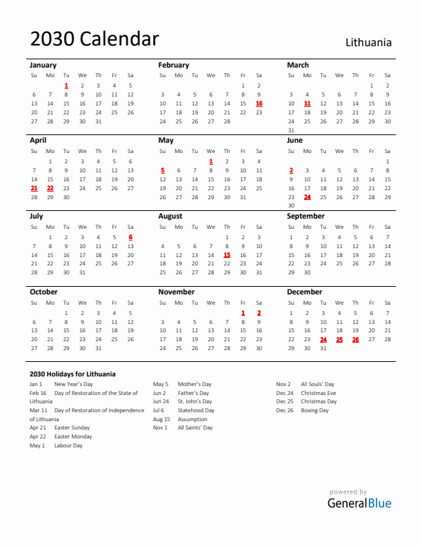 Standard Holiday Calendar for 2030 with Lithuania Holidays 