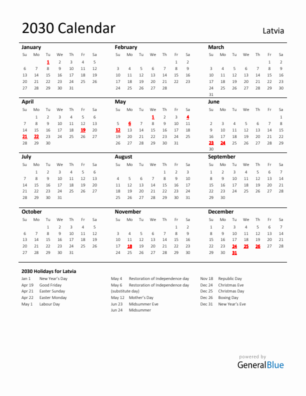 Standard Holiday Calendar for 2030 with Latvia Holidays