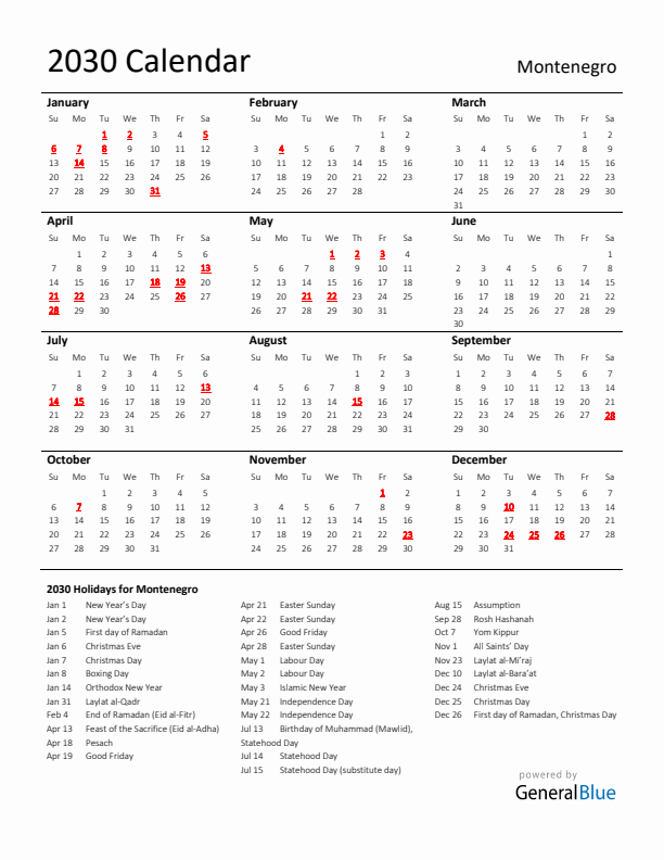 Standard Holiday Calendar for 2030 with Montenegro Holidays 