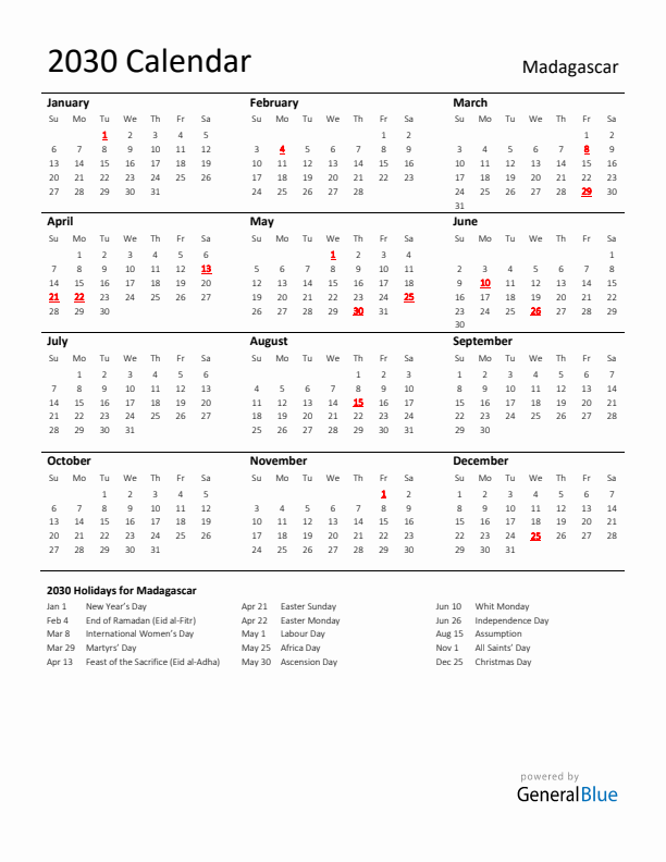 Standard Holiday Calendar for 2030 with Madagascar Holidays