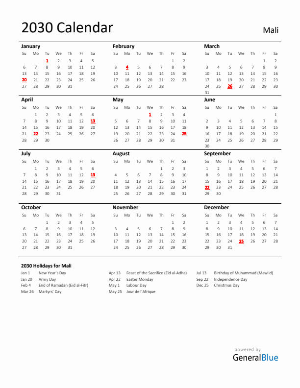 Standard Holiday Calendar for 2030 with Mali Holidays 