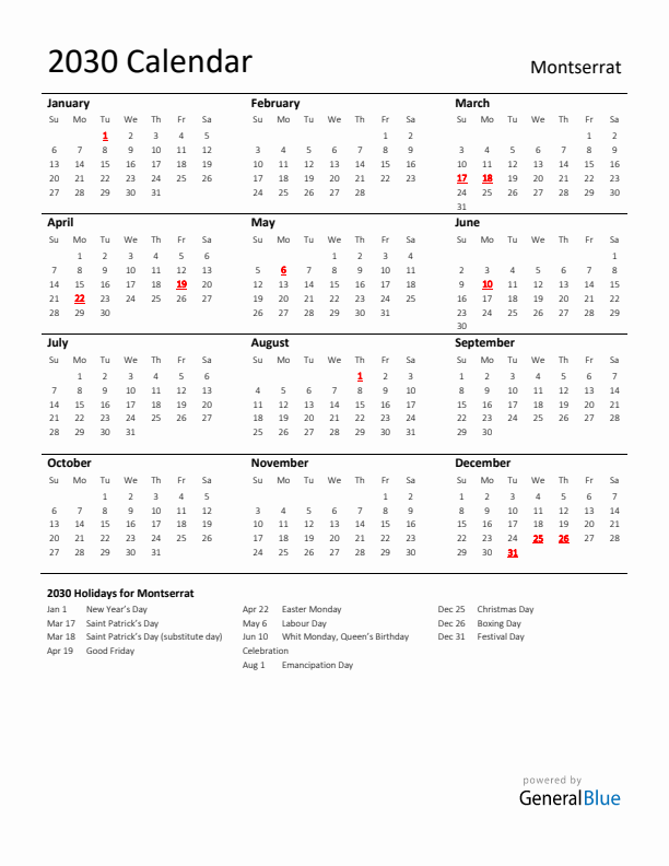 Standard Holiday Calendar for 2030 with Montserrat Holidays 