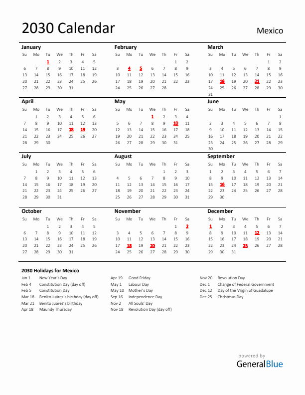 Standard Holiday Calendar for 2030 with Mexico Holidays