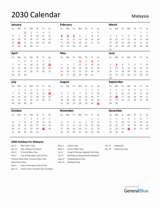 Standard Holiday Calendar for 2030 with Malaysia Holidays 