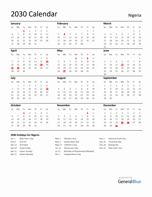 Standard Holiday Calendar for 2030 with Nigeria Holidays 