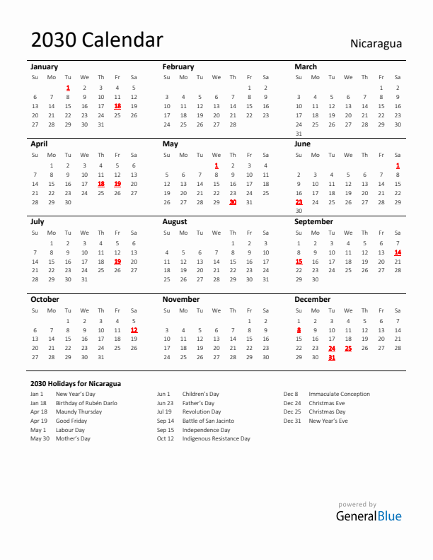 Standard Holiday Calendar for 2030 with Nicaragua Holidays