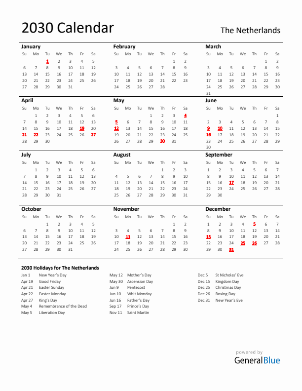 Standard Holiday Calendar for 2030 with The Netherlands Holidays