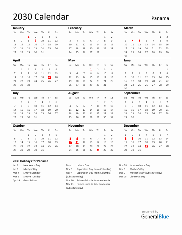 Standard Holiday Calendar for 2030 with Panama Holidays