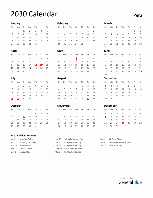 Standard Holiday Calendar for 2030 with Peru Holidays