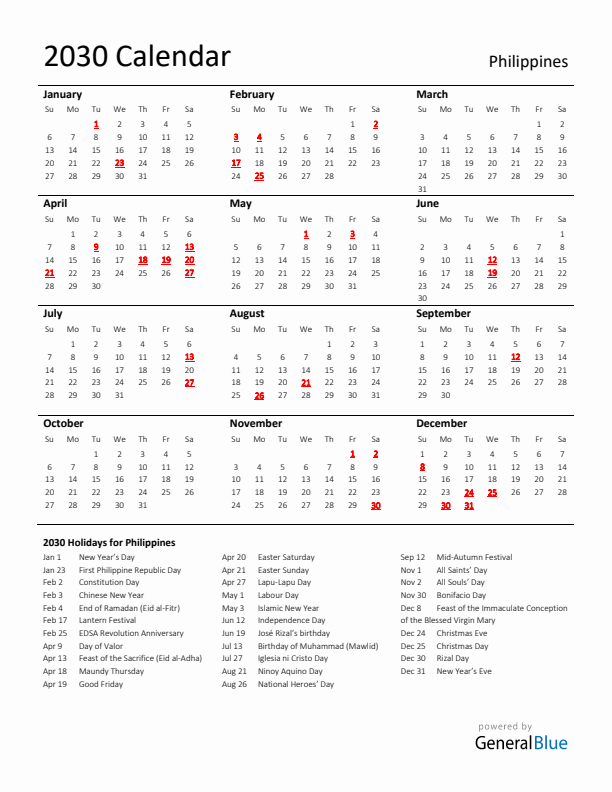 Standard Holiday Calendar for 2030 with Philippines Holidays