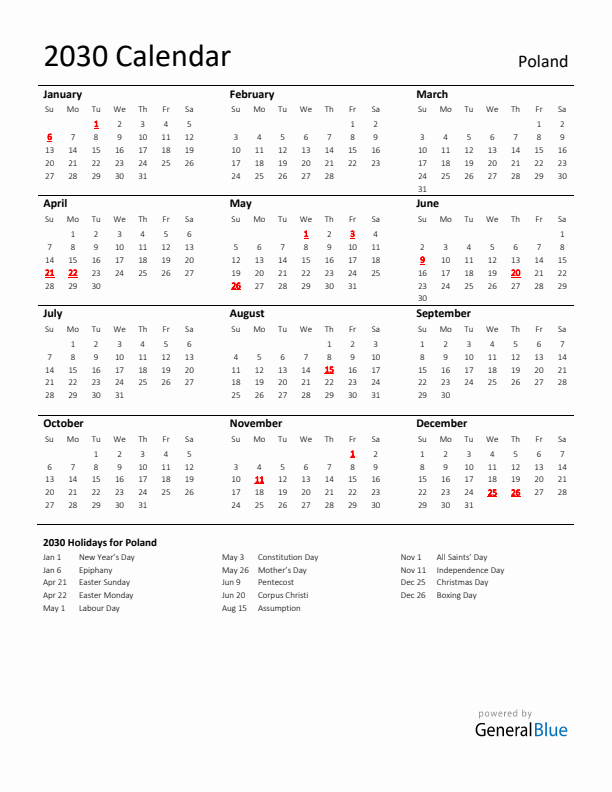 Standard Holiday Calendar for 2030 with Poland Holidays