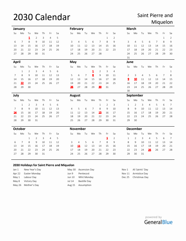 Standard Holiday Calendar for 2030 with Saint Pierre and Miquelon Holidays 