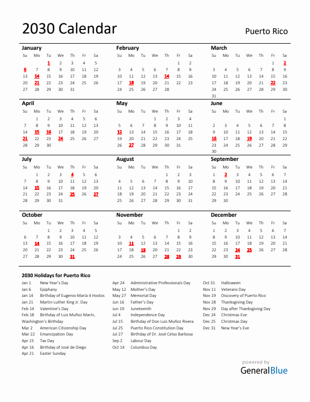 Standard Holiday Calendar for 2030 with Puerto Rico Holidays 