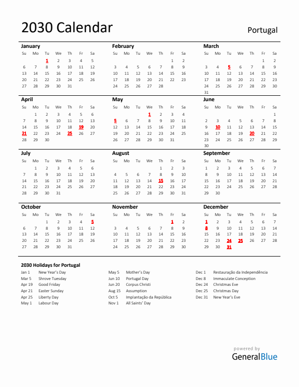 Standard Holiday Calendar for 2030 with Portugal Holidays