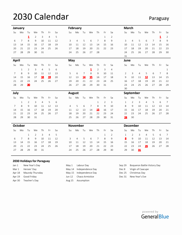 Standard Holiday Calendar for 2030 with Paraguay Holidays