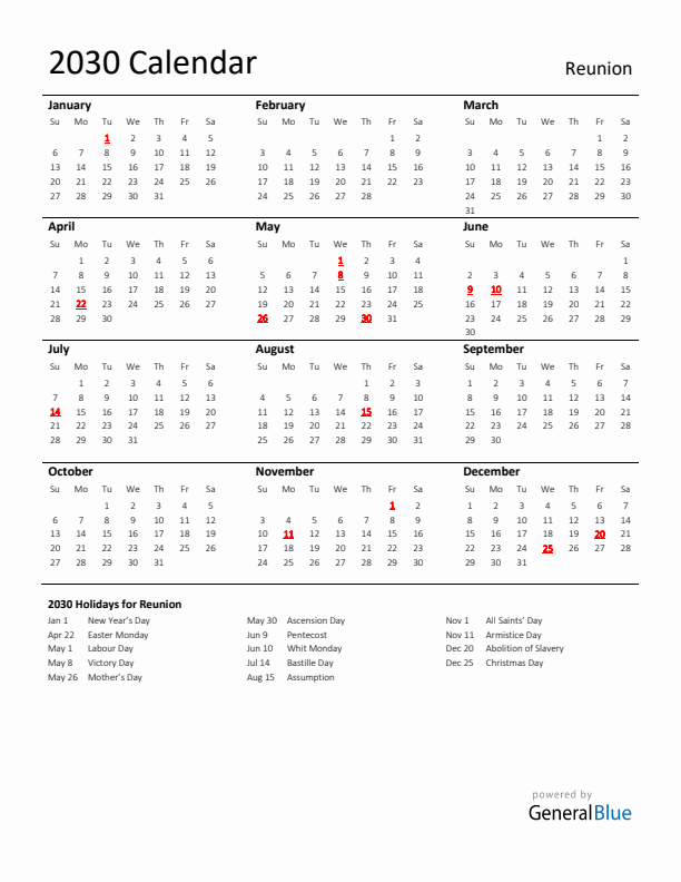 Standard Holiday Calendar for 2030 with Reunion Holidays