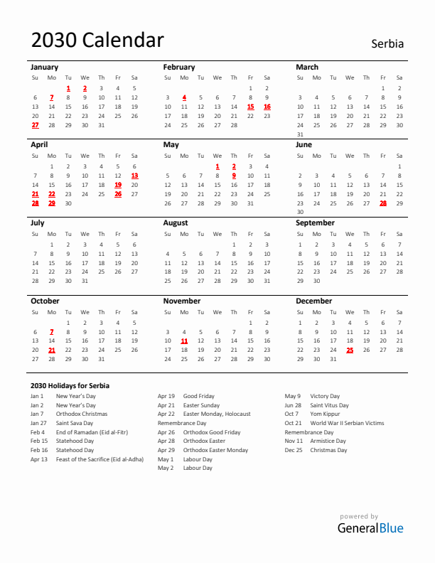 Standard Holiday Calendar for 2030 with Serbia Holidays