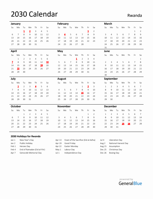 Standard Holiday Calendar for 2030 with Rwanda Holidays