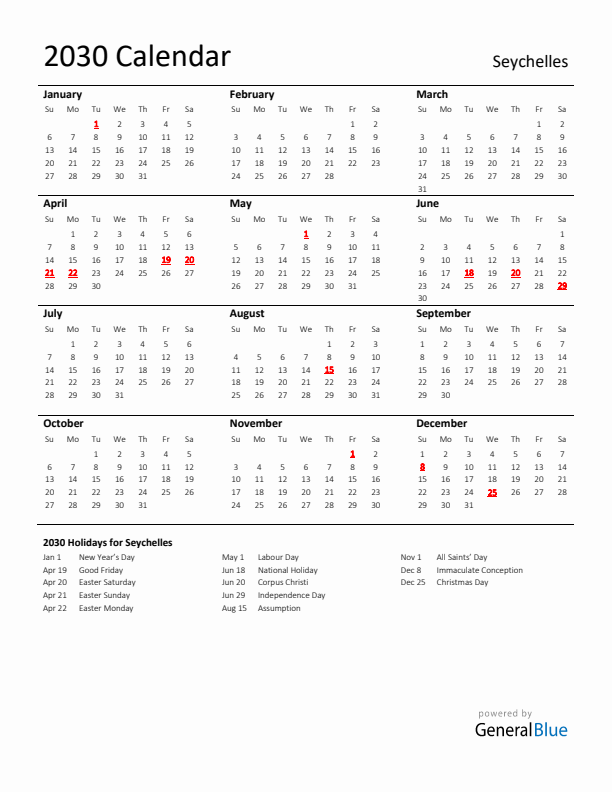 Standard Holiday Calendar for 2030 with Seychelles Holidays 