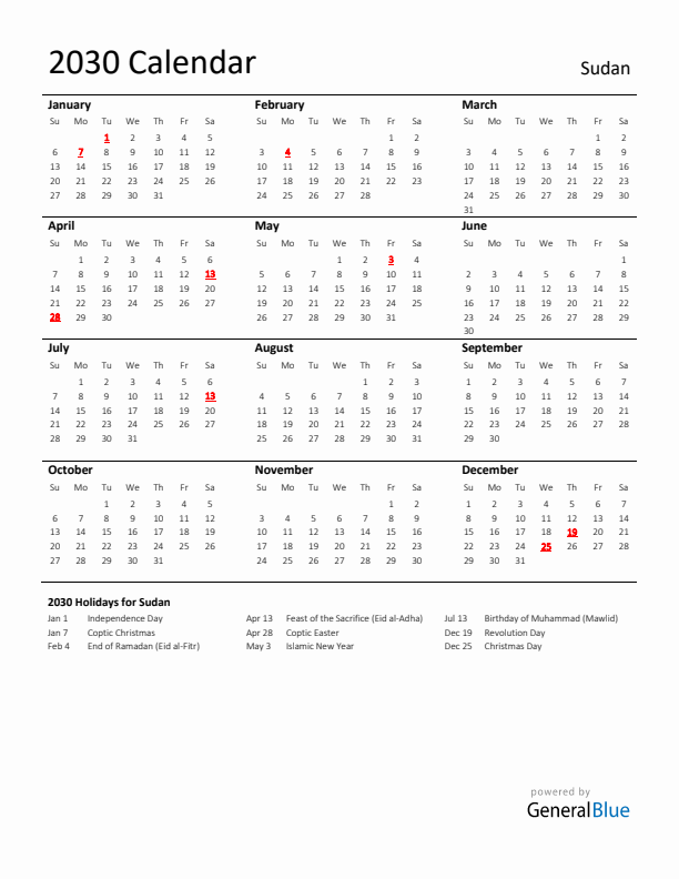 Standard Holiday Calendar for 2030 with Sudan Holidays 