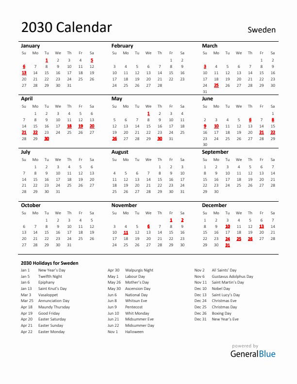 Standard Holiday Calendar for 2030 with Sweden Holidays